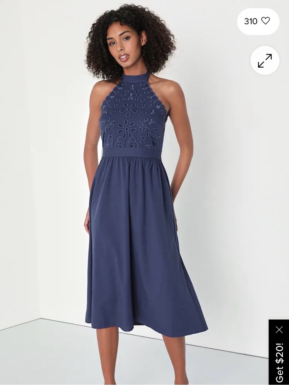 Lulus Sayulita Scene Navy Blue Embroidered Belted Halter Midi Dress